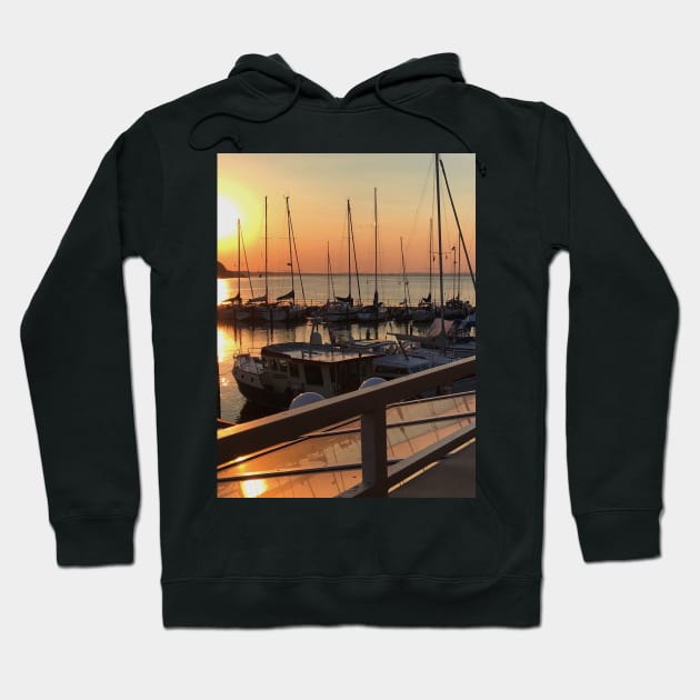 Peaceful sunset over marina with sailboat mast on Baltic sea in Langballig yachting harbor, Schleswig- Flensburg, Germany Hoodie by Khala